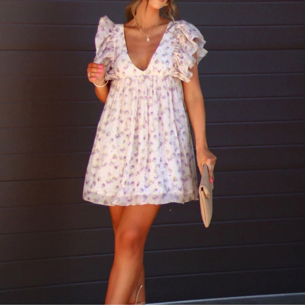 VICI Storia Floral Chiffon Flutter Sleeve Babydoll Mini Dress Once Upon a Love